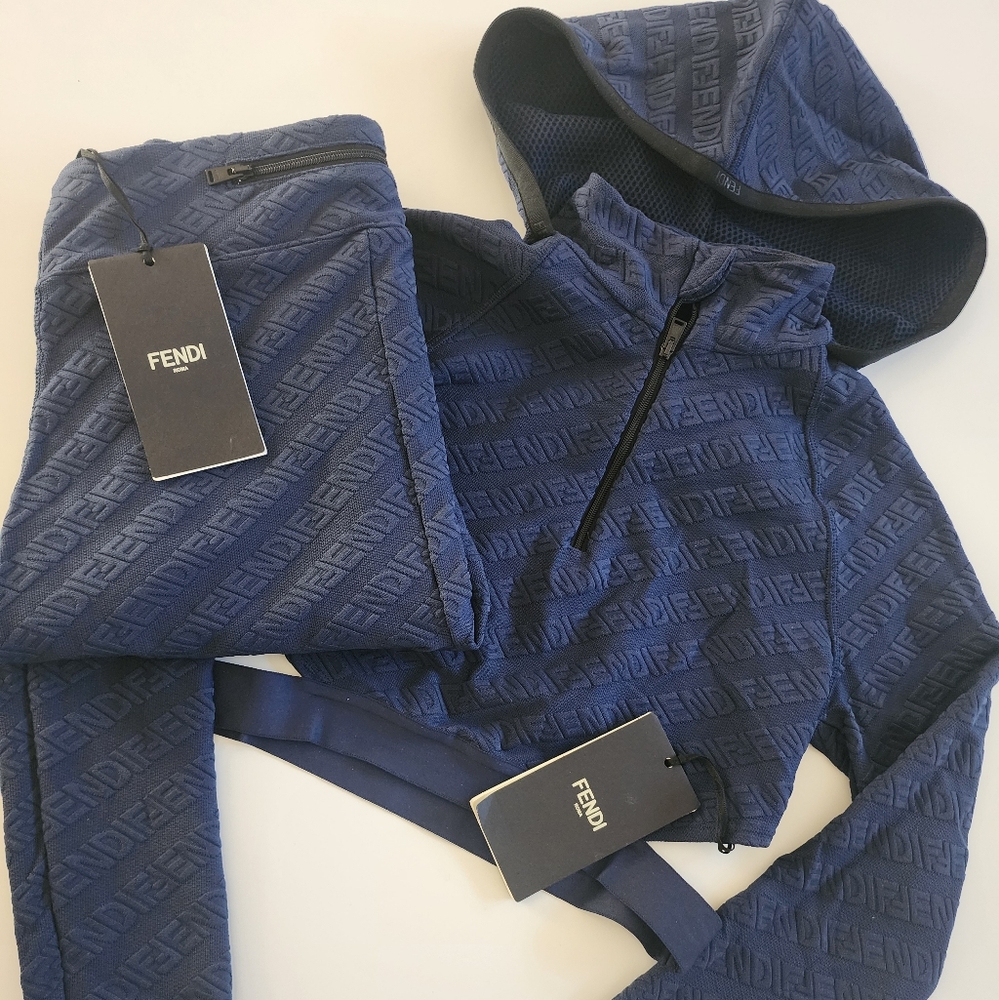 Fendi Blue Textured Hoodie and Leggings Set